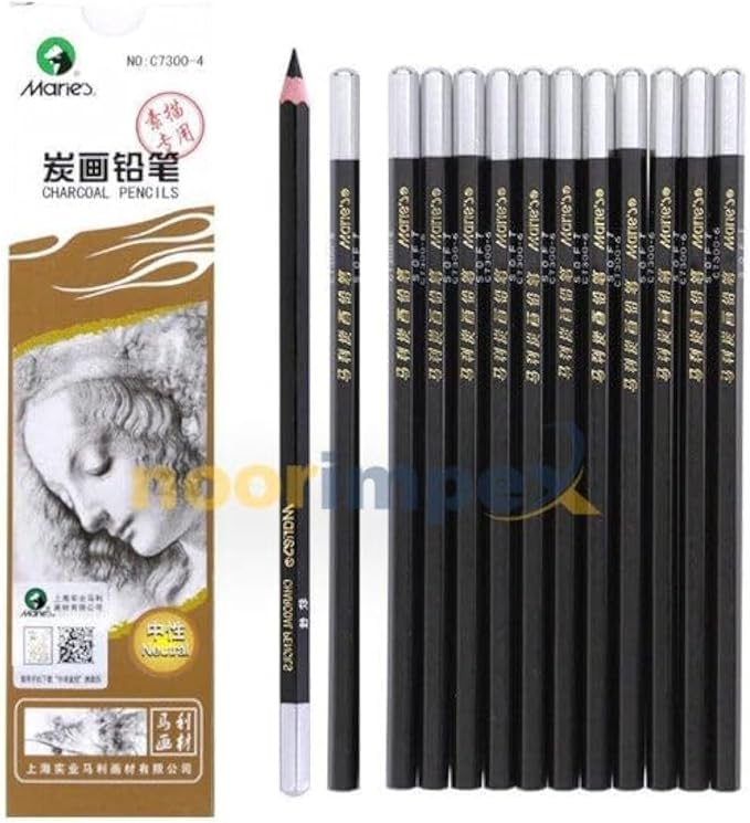 Maries C7300-4 Charcoal Pencil Set 12-Pieces, Black